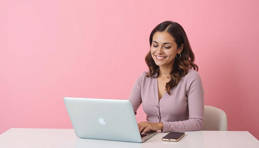 A woman working on her computer standing infront of a pink wall.